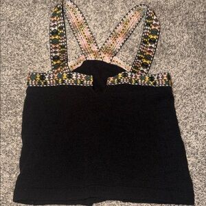 Black Knit Tank Top with Multicolor Straps